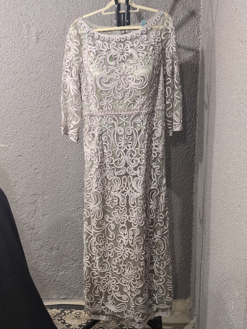 Embroidered Sheer Overlay Maxi Dress - Silver Gray